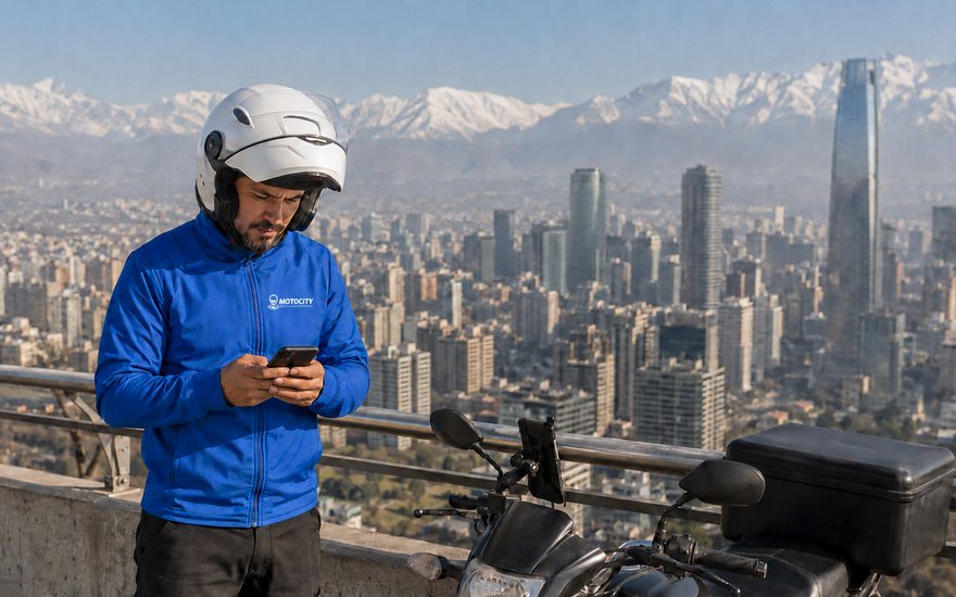 Mensajero de Motocity con vista a la cordillera de Santiago