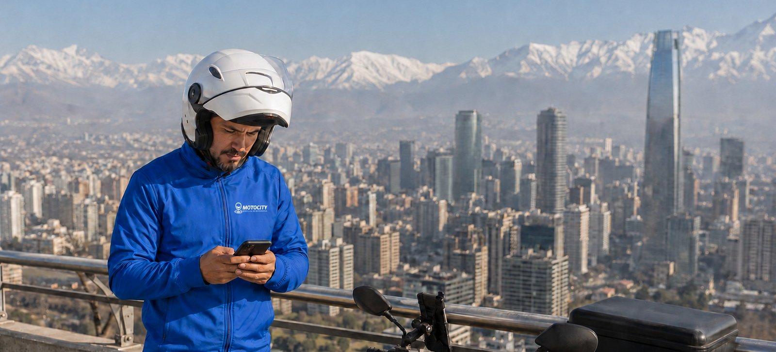 Mensajero de Motocity con vista a la cordillera de Santiago, representando la cobertura del servicio en la Región Metropolitana