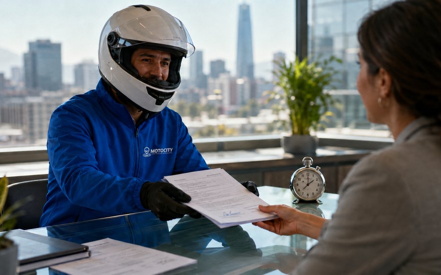 Mensajero de Motocity entregando un contrato firmado en una sala de reuniones
