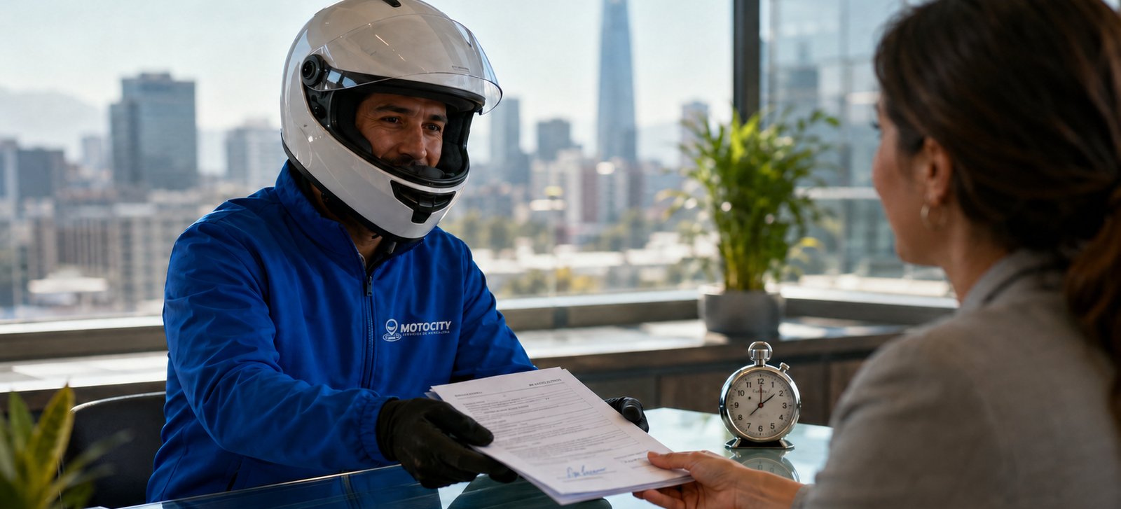 Mensajero de Motocity entregando un contrato firmado en una sala de reuniones