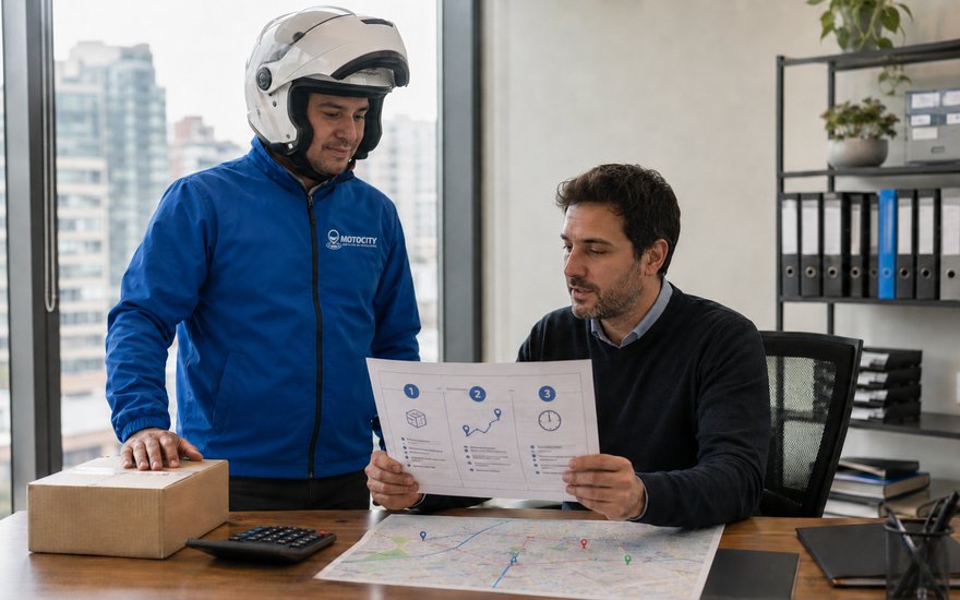 Mensajero de Motocity entregando un paquete, ilustrando el costo de un servicio de mensajería empresarial