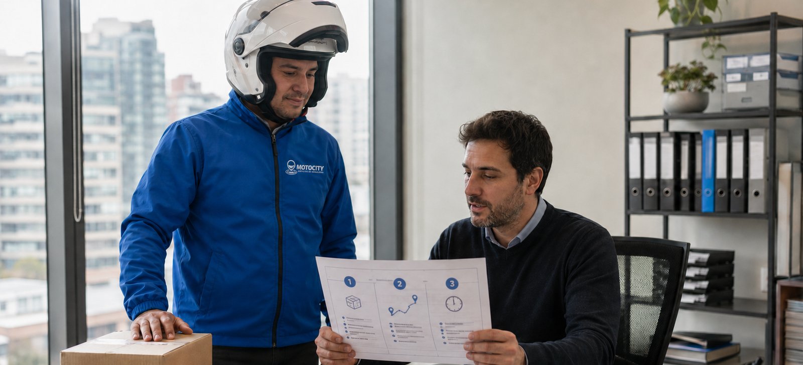 Mensajero de Motocity entregando un paquete, ilustrando el costo de un servicio de mensajería empresarial