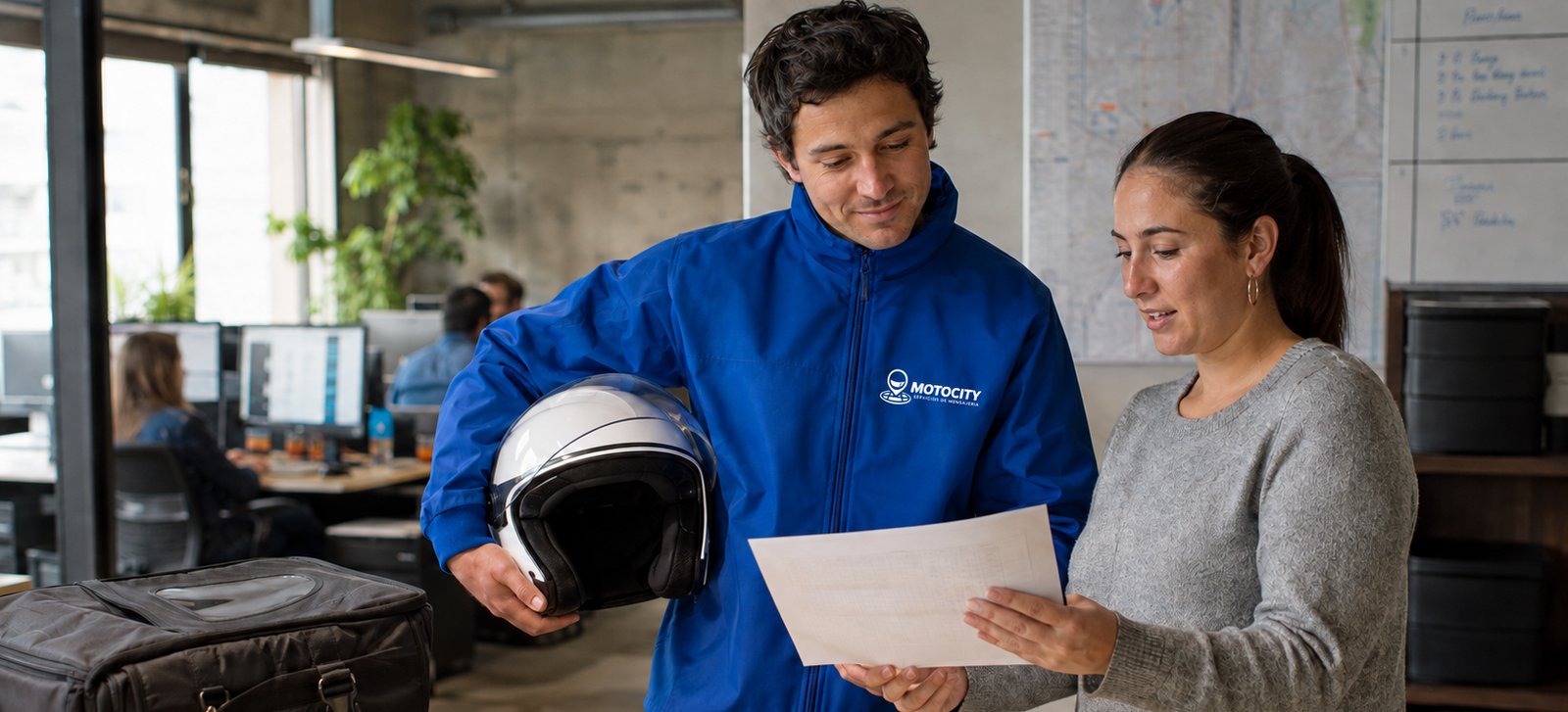 Mensajero de Motocity con los brazos cruzados en una oficina moderna, representando un motorista exclusivo dedicado a la empresa