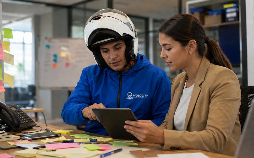 Mensajero de Motocity saludando en la recepción de una oficina corporativa moderna