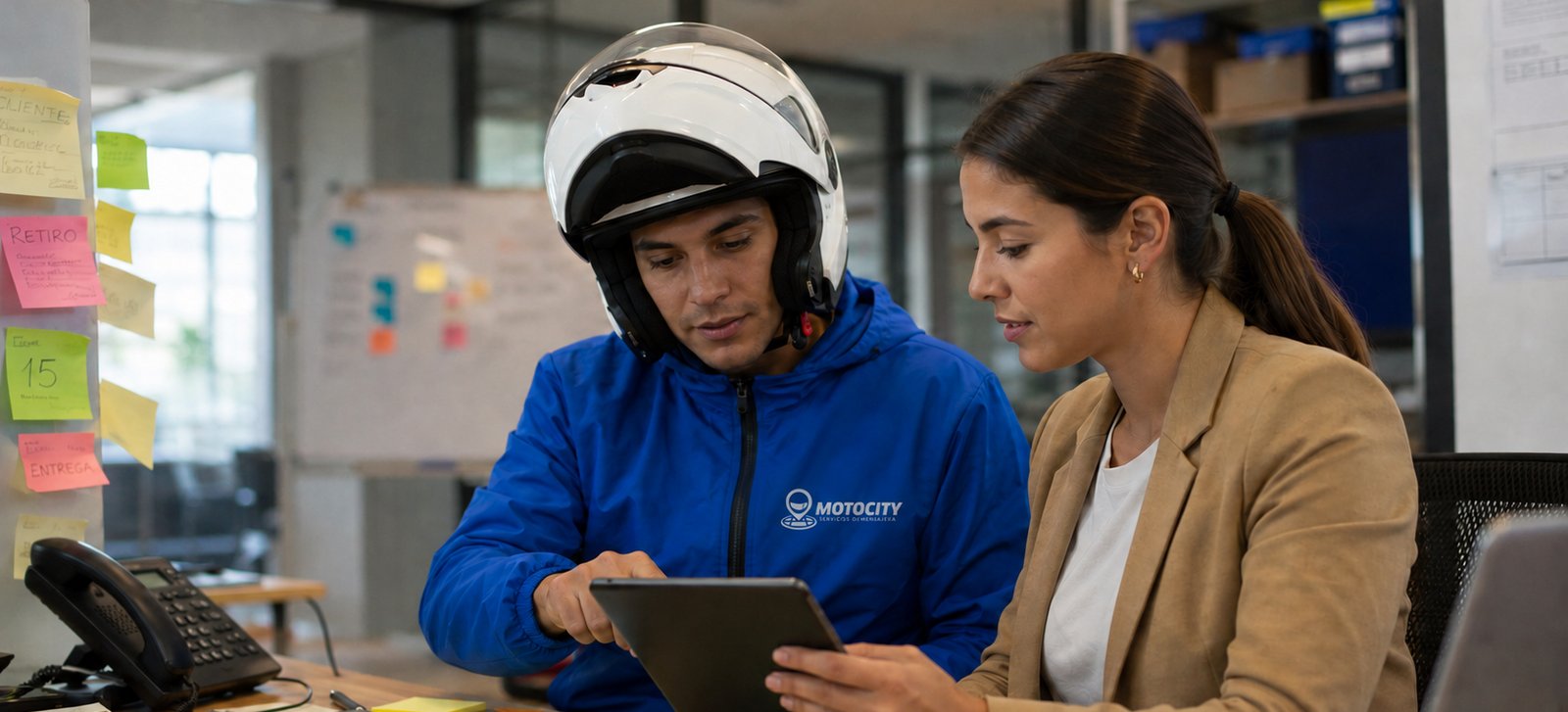 Mensajero de Motocity saludando en la recepción de una oficina corporativa moderna