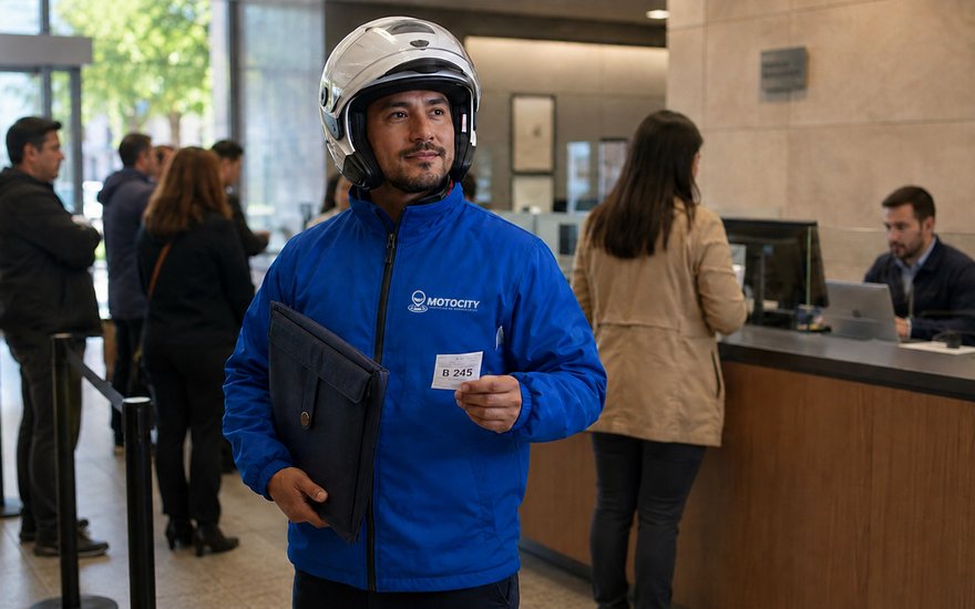 Mensajero de Motocity caminando por una oficina con documentos, representando la externalización de trámites bancarios y notariales