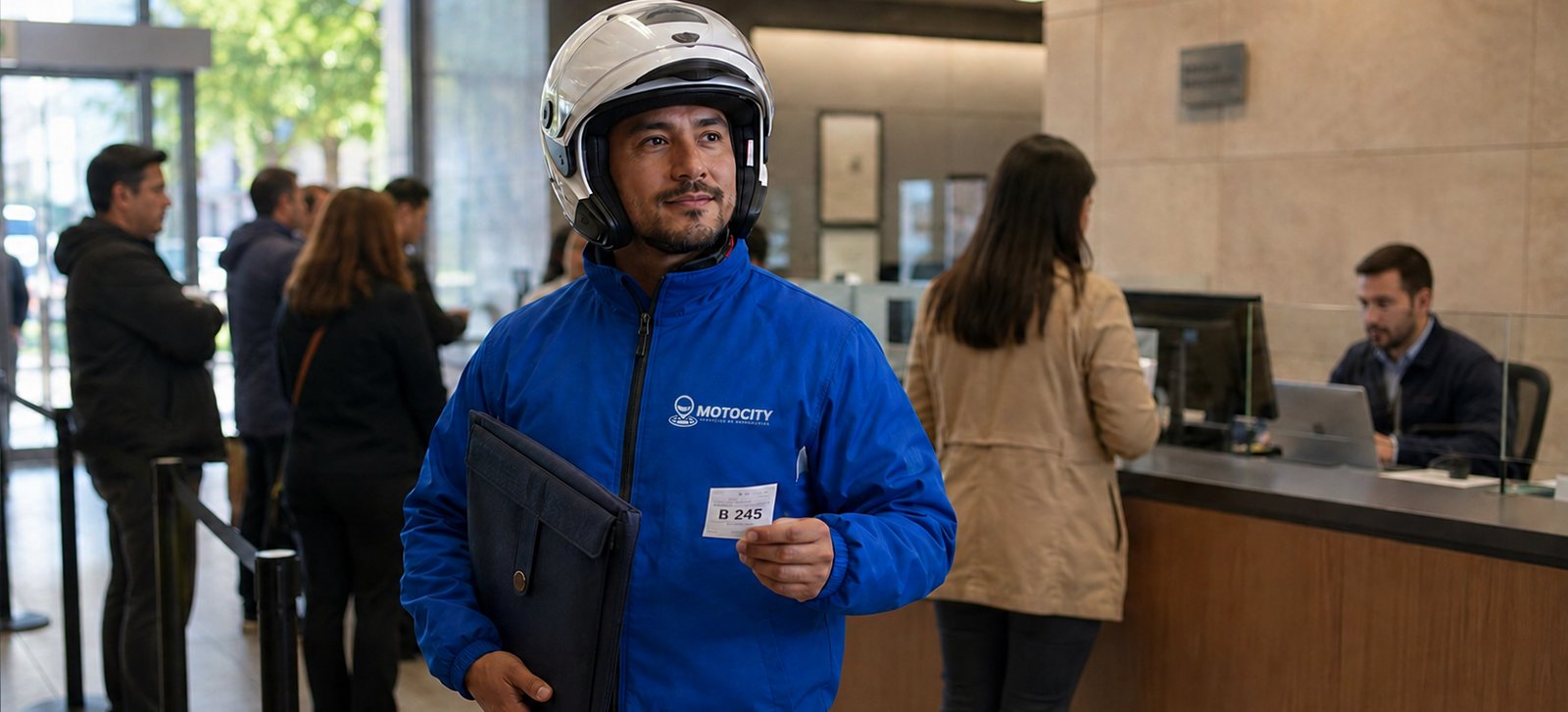 Mensajero de Motocity caminando por una oficina con documentos, representando la externalización de trámites bancarios y notariales