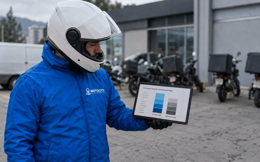 Mensajero de Motocity en un estacionamiento corporativo junto a una tablet con un gráfico de costos