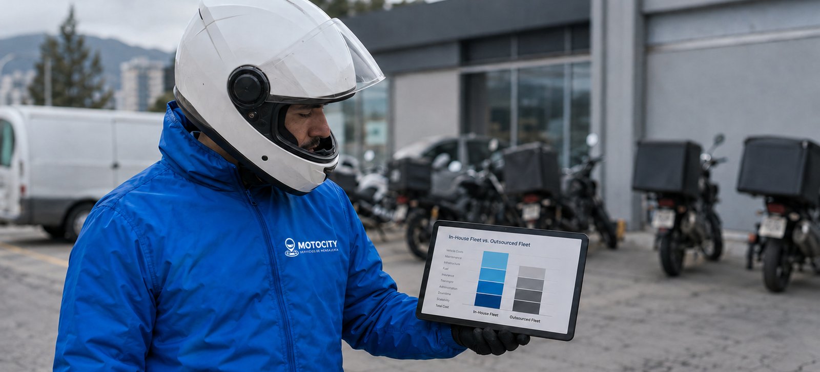 Mensajero de Motocity en un estacionamiento corporativo junto a una tablet con un gráfico de costos