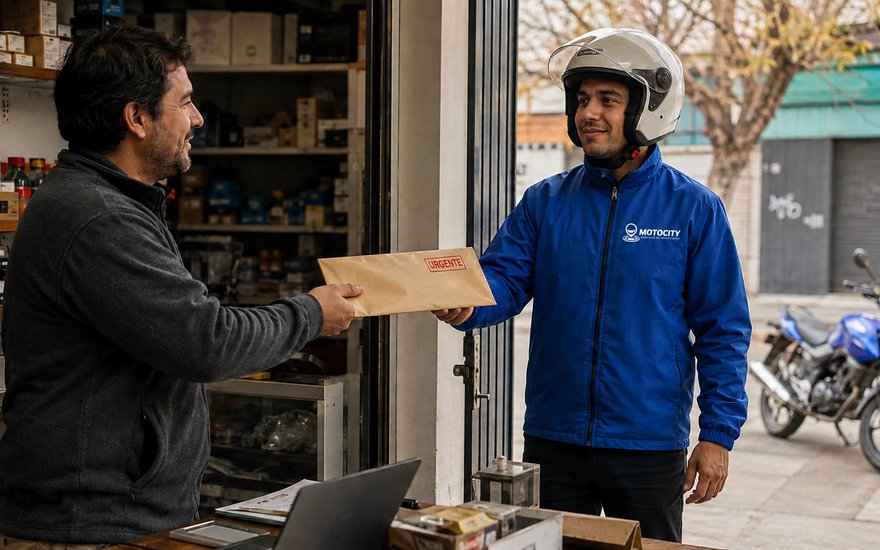 Equipo de motoristas de Motocity en el estacionamiento de una empresa, representando la capacidad logística disponible para una PYME