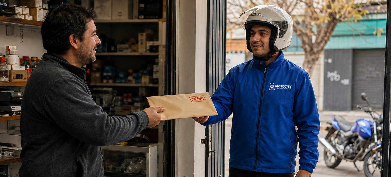 Equipo de motoristas de Motocity en el estacionamiento de una empresa, representando la capacidad logística disponible para una PYME
