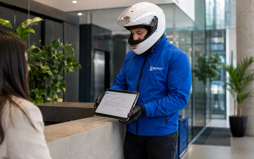 Mensajero de Motocity en la recepción de una empresa junto a un documento de cumplimiento