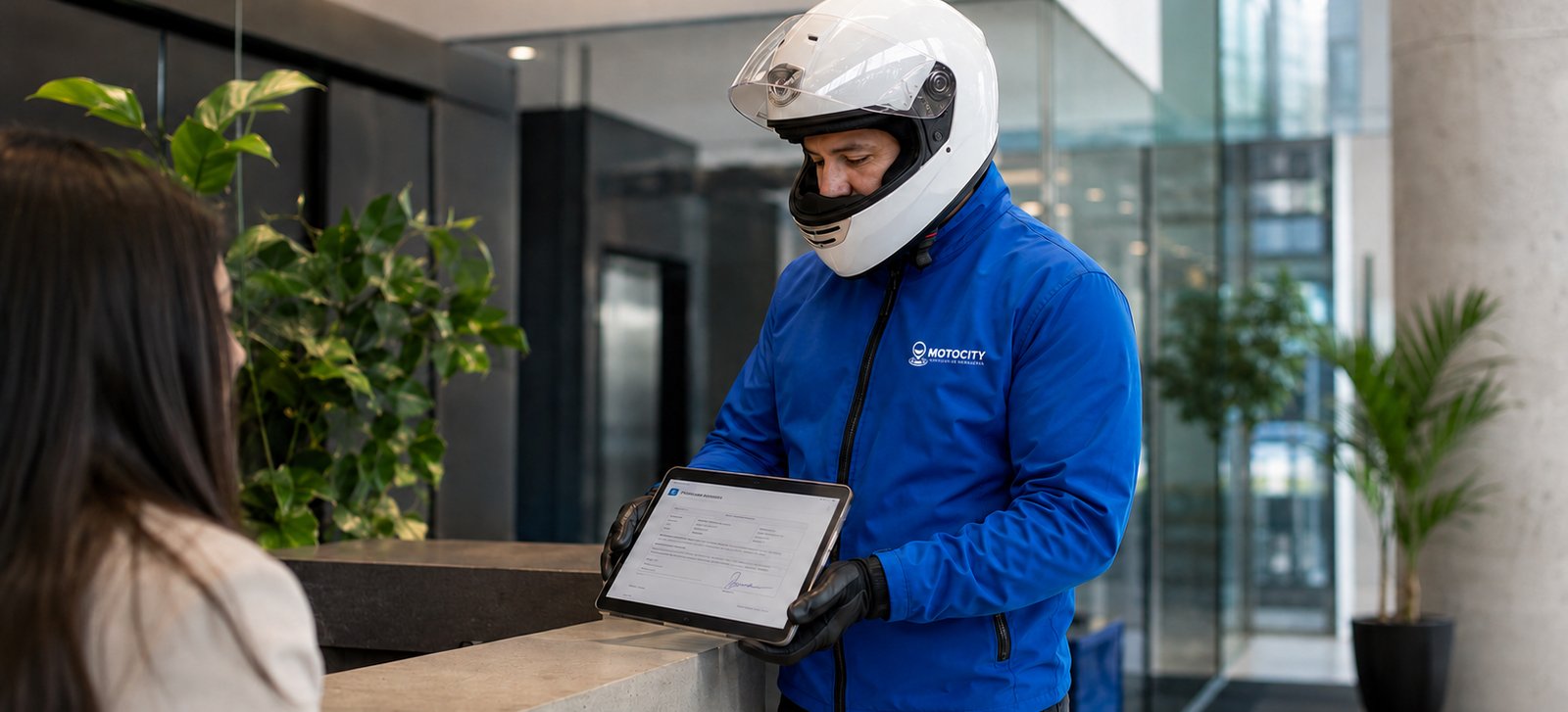 Mensajero de Motocity en la recepción de una empresa junto a un documento de cumplimiento