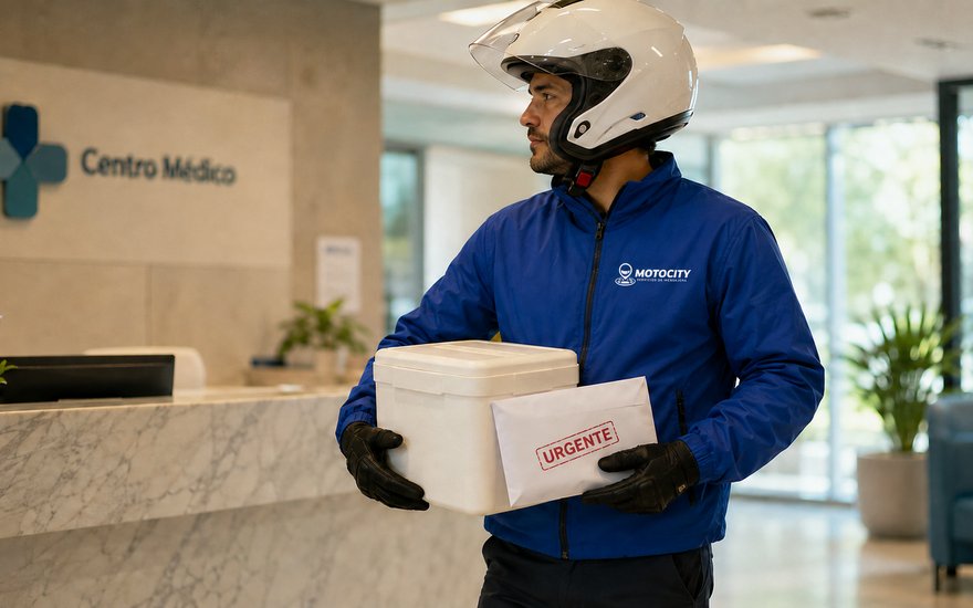 Mensajero de Motocity entregando una caja de muestras médicas en la recepción de una clínica