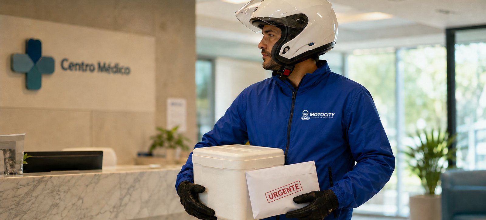 Mensajero de Motocity entregando una caja de muestras médicas en la recepción de una clínica