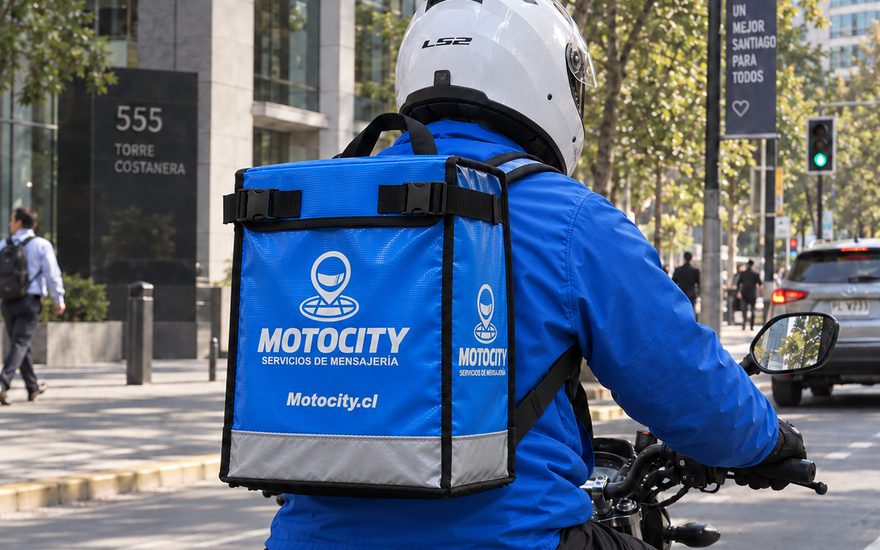 Motorista de Motocity con mochila térmica de reparto circulando por una avenida de Santiago, con el logo Motocity visible en la mochila