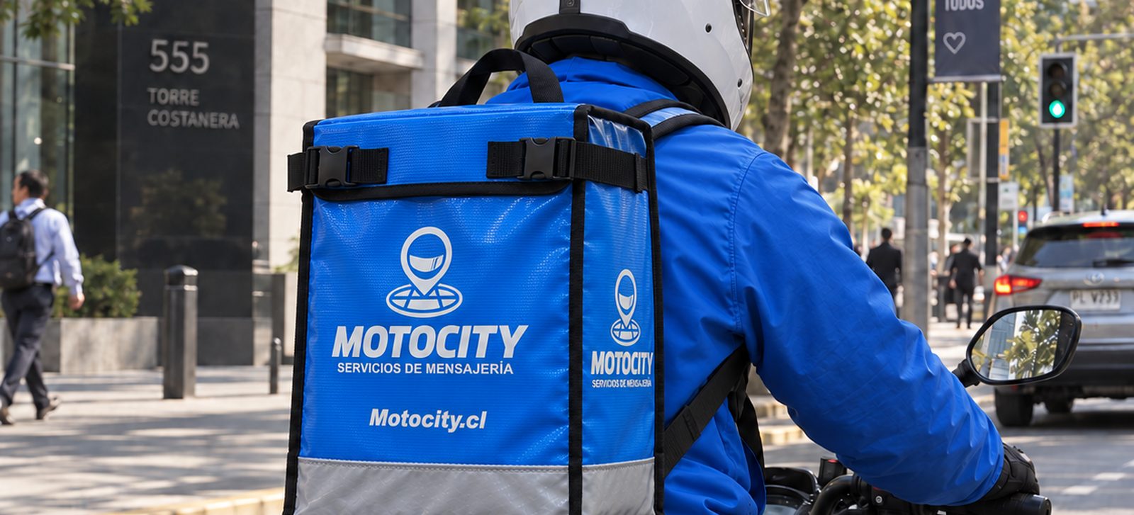 Motorista de Motocity con mochila térmica de reparto circulando por una avenida de Santiago, con el logo Motocity visible en la mochila