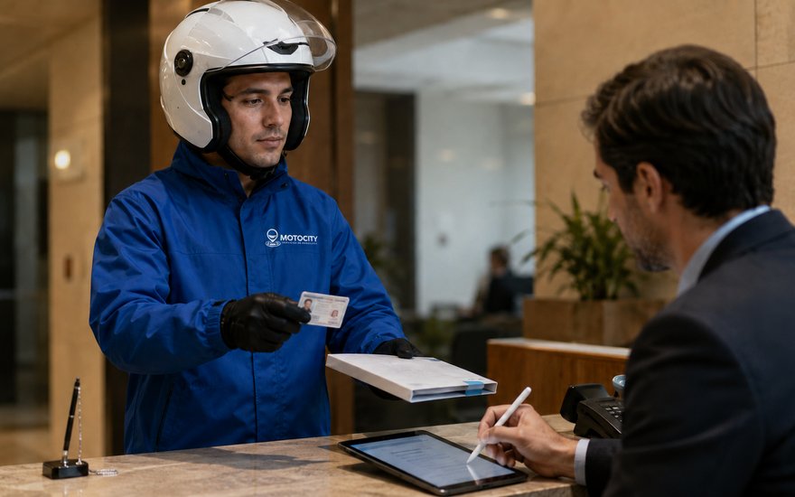 Mensajero de Motocity entregando un sobre urgente en la recepción de una empresa del sector financiero