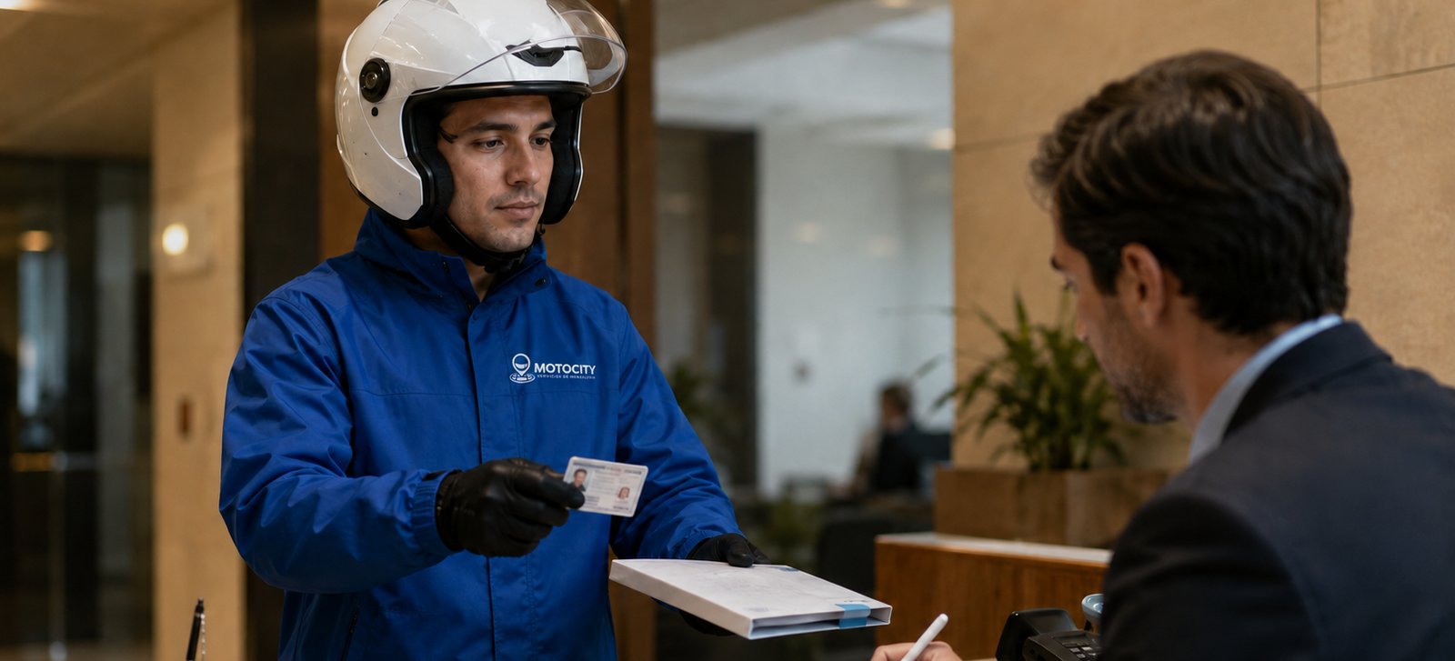 Mensajero de Motocity entregando un sobre urgente en la recepción de una empresa del sector financiero
