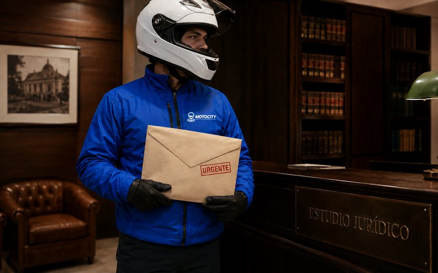 Mensajero de Motocity entregando un sobre urgente en la recepción de un estudio jurídico