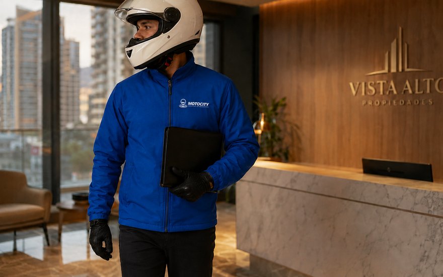 Mensajero de Motocity entregando una carpeta de documentos en la recepción de una inmobiliaria