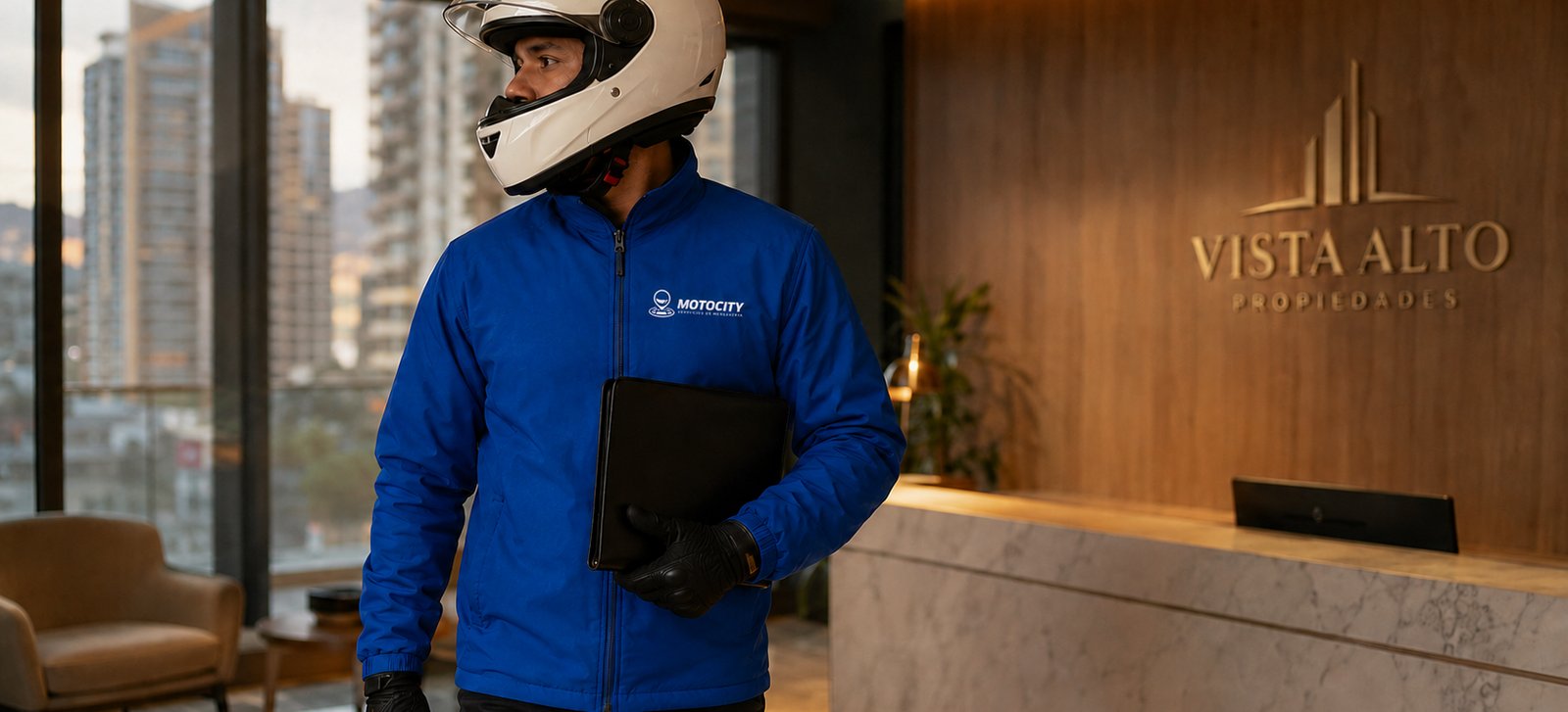 Mensajero de Motocity entregando una carpeta de documentos en la recepción de una inmobiliaria