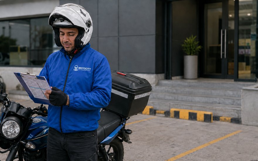 Mensajero de Motocity junto a su motocicleta, representando la opción de contratar un motorista dedicado