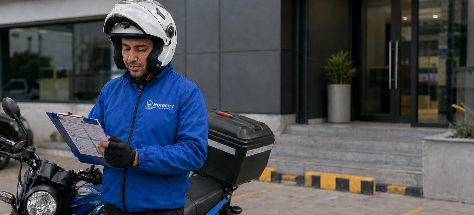 Mensajero de Motocity junto a su motocicleta, representando la opción de contratar un motorista dedicado