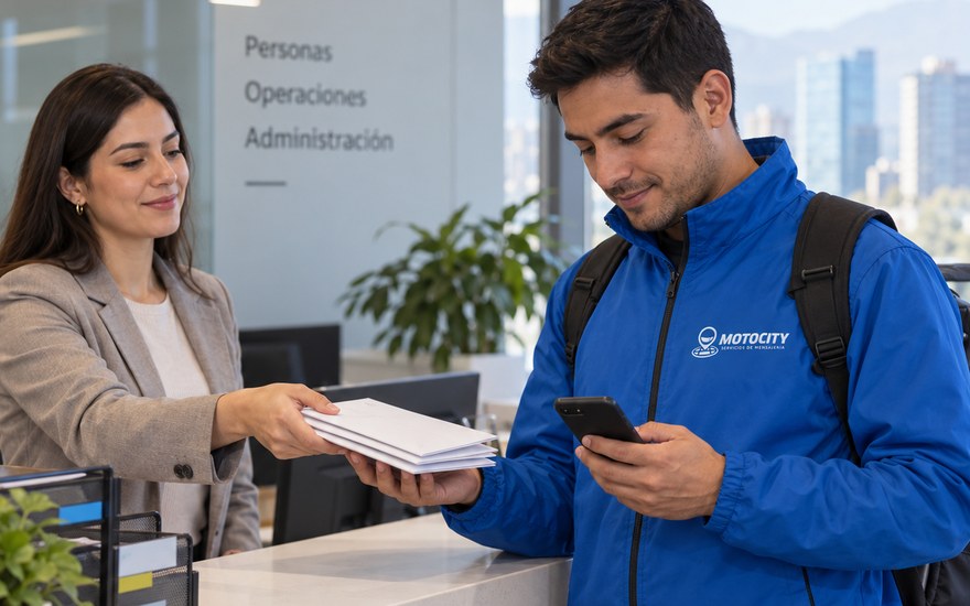 Motorista de Motocity registrando la recepción de correspondencia en la oficina de una empresa