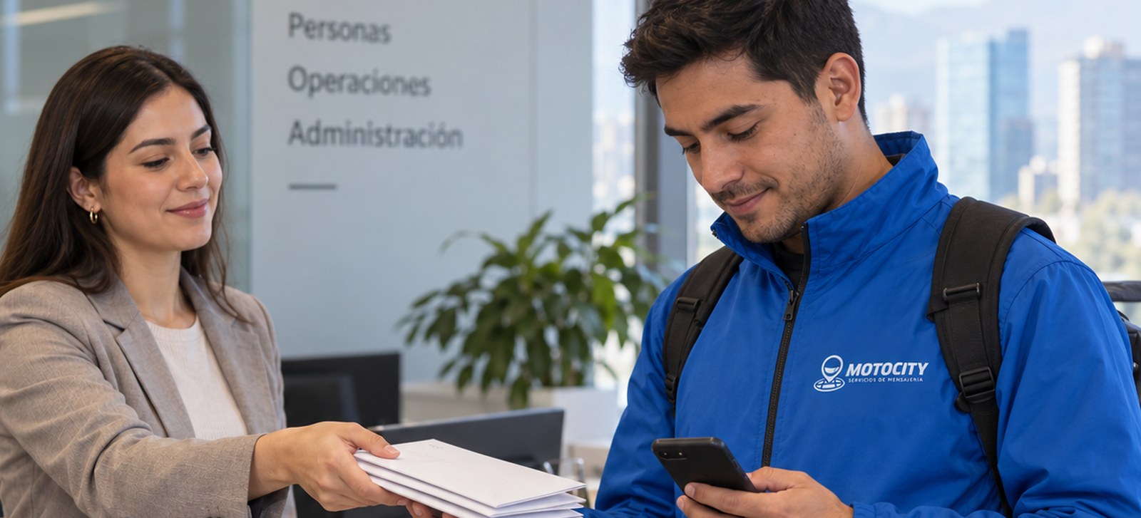 Motorista de Motocity registrando la recepción de correspondencia en la oficina de una empresa
