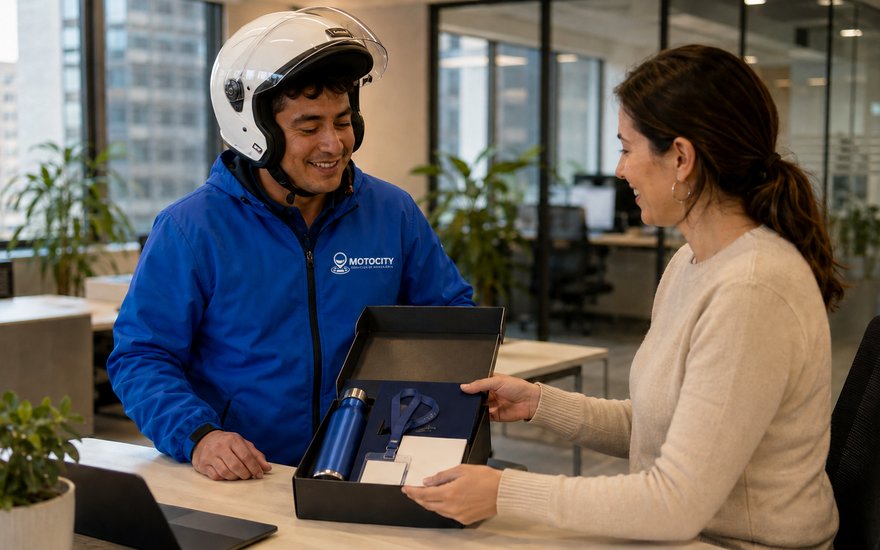 Mensajero de Motocity saludando en la recepción de una empresa, representando un kit de bienvenida de onboarding