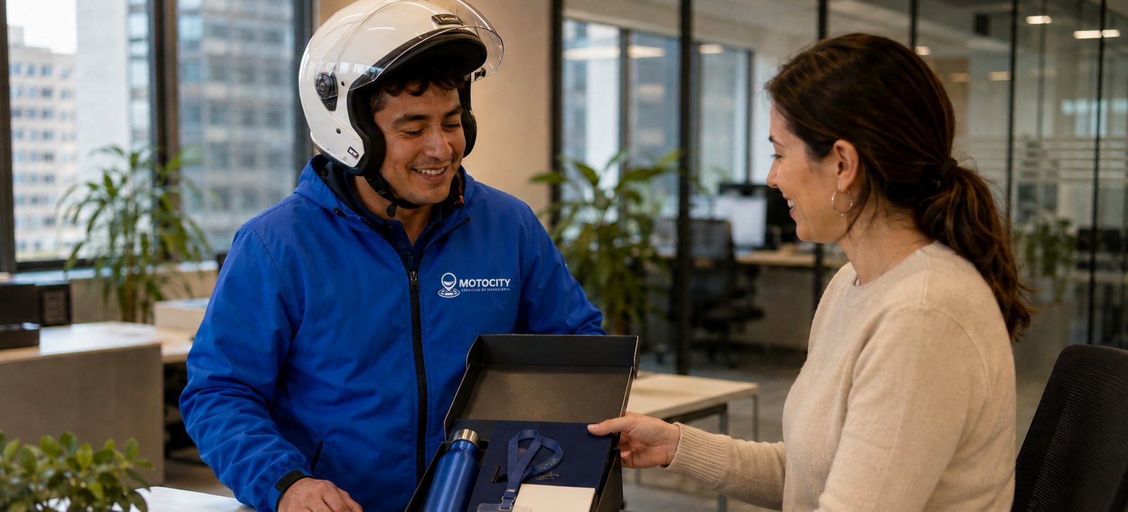 Mensajero de Motocity saludando en la recepción de una empresa, representando un kit de bienvenida de onboarding