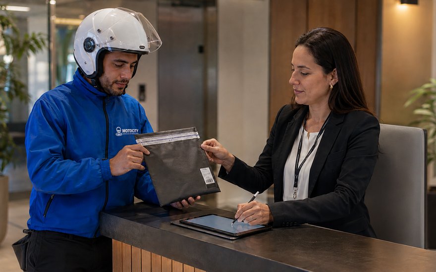 Mensajero de Motocity verificando documentos en la recepción de una empresa