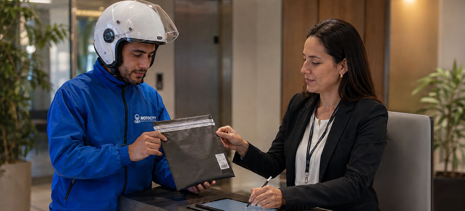Mensajero de Motocity verificando documentos en la recepción de una empresa