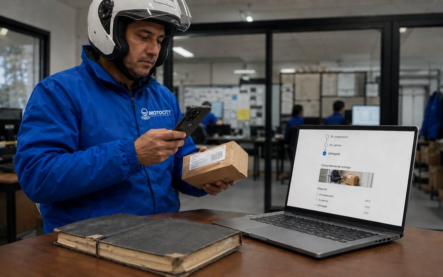 Mensajero de Motocity en una oficina tecnológica moderna