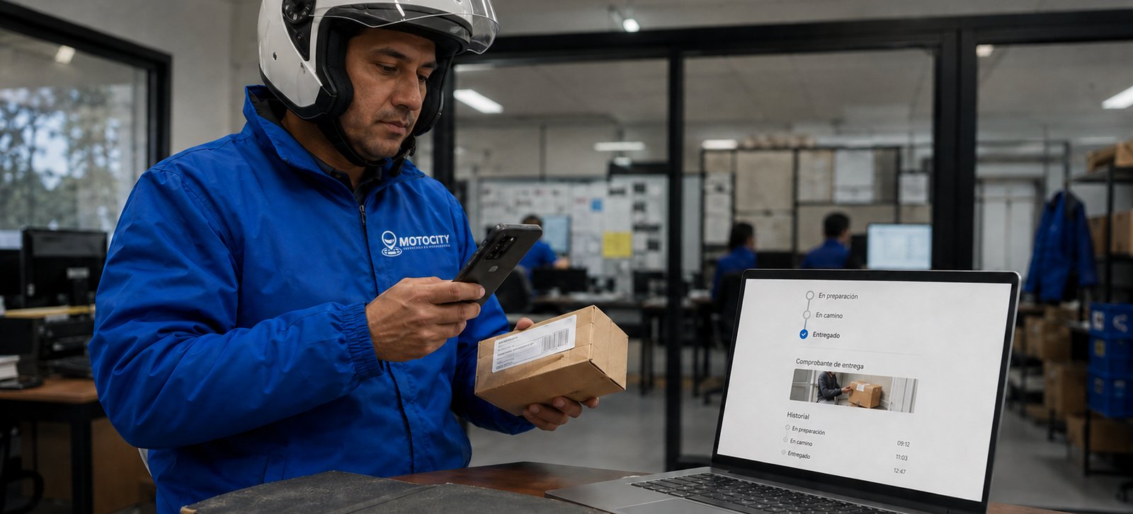 Mensajero de Motocity en una oficina tecnológica moderna, representando la tecnología aplicada a la mensajería corporativa