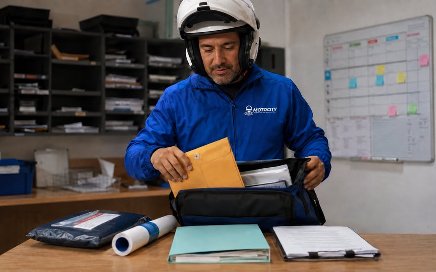 Mensajero de Motocity entregando un paquete en la recepción de una oficina moderna