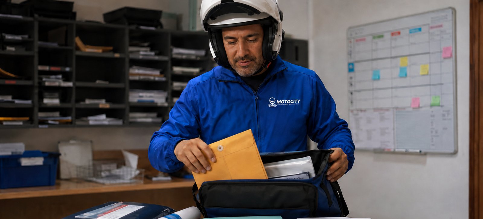 Mensajero de Motocity entregando un paquete en la recepción de una oficina moderna