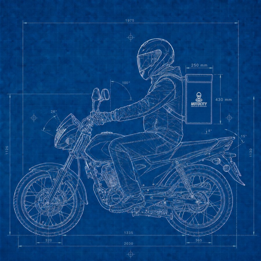 Plano técnico de una motocicleta con mochila porta-envíos Motocity