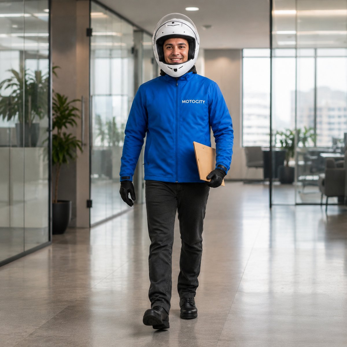 Mensajero de Motocity con casco puesto, caminando por un pasillo de oficina llevando una carpeta de documentos para un trámite empresarial