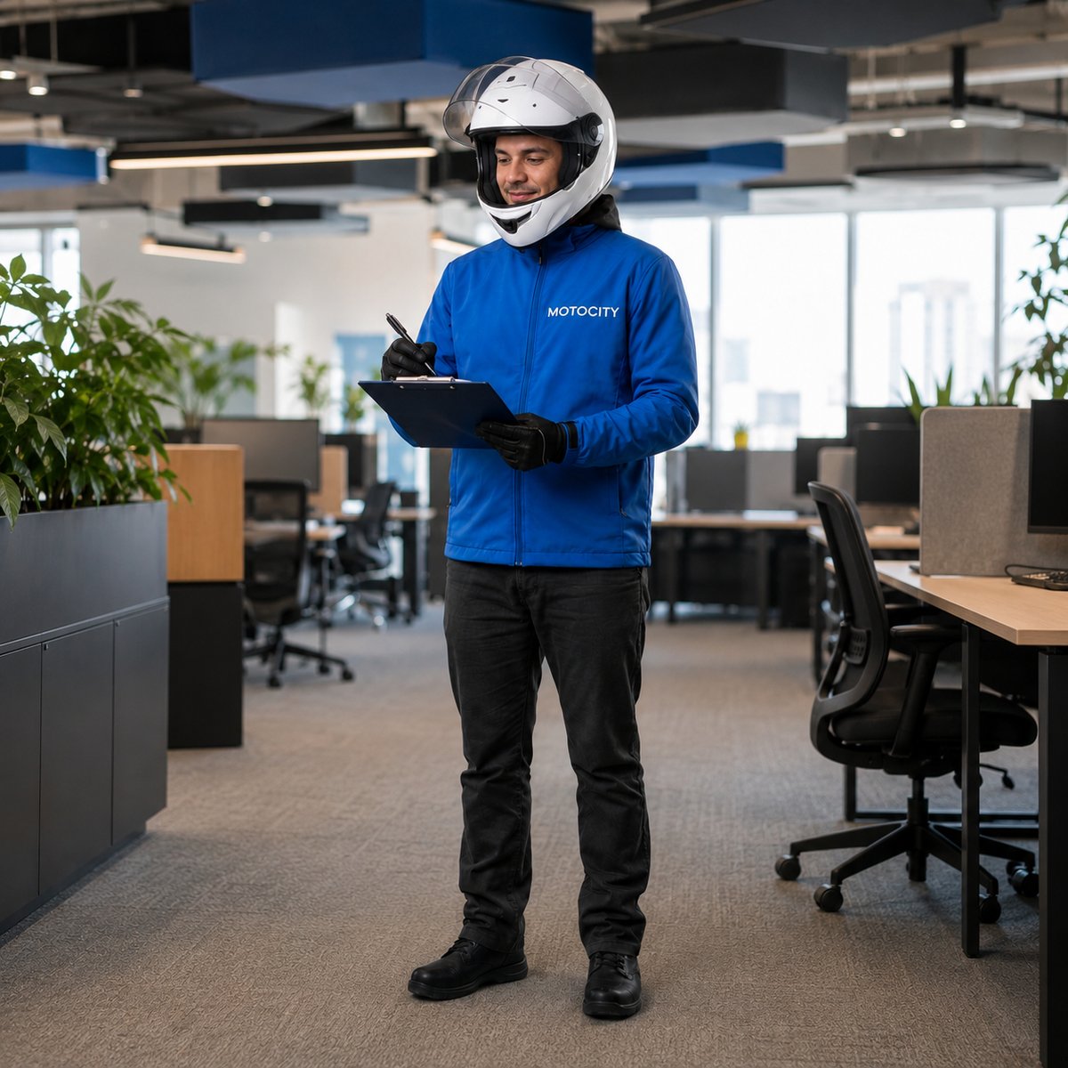 Mensajero de Motocity con casco puesto, revisando y registrando documentos en un clipboard dentro de una oficina