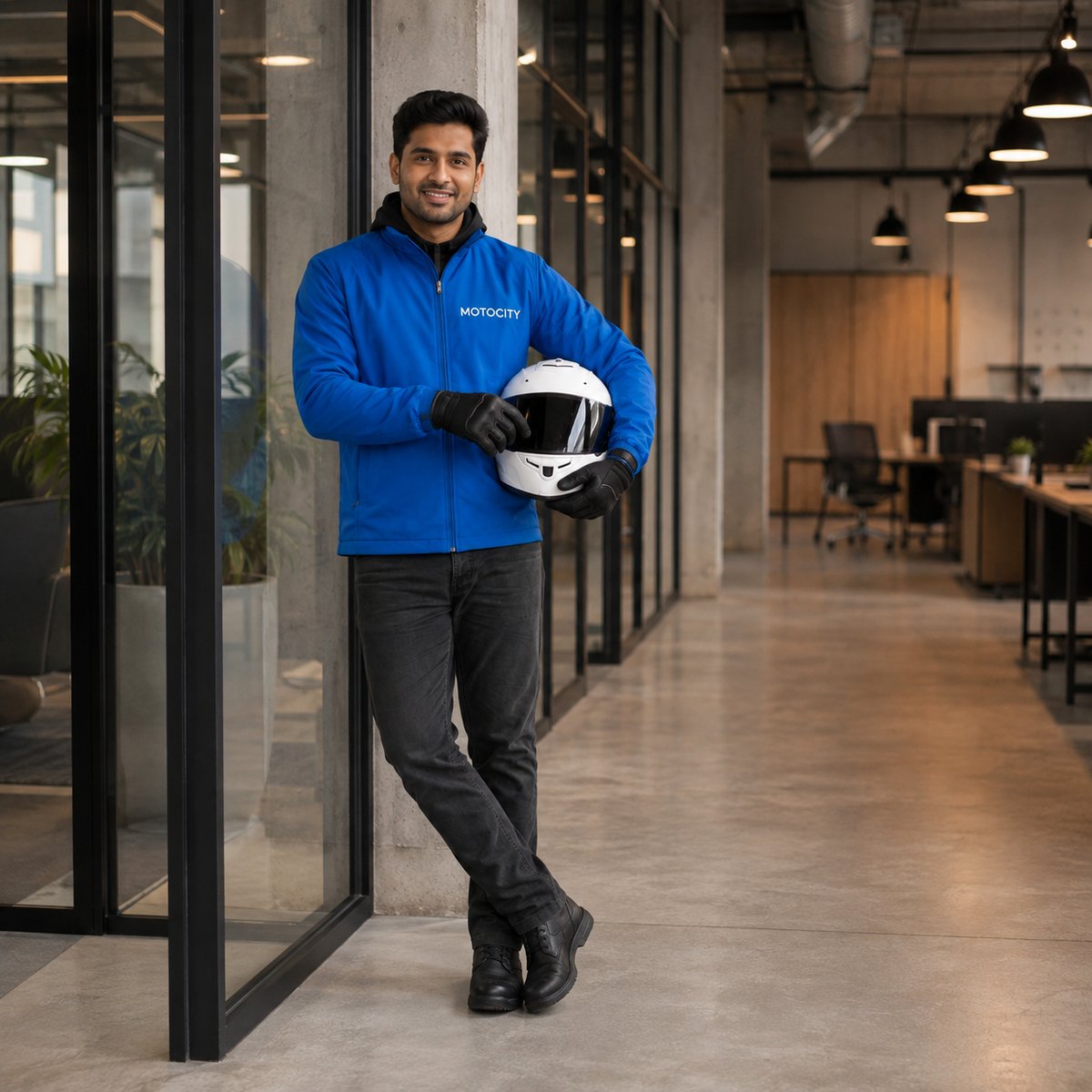 Mensajero de Motocity apoyado en la entrada de una oficina corporativa, sosteniendo su casco, como motorista dedicado a la empresa
